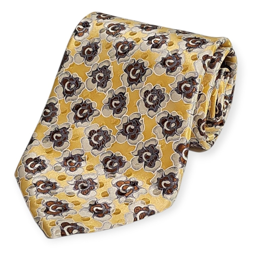 Ermenegildo Zegna Silk Tie Yellow Floral Pattern Blue Accent‎ Made in Italy